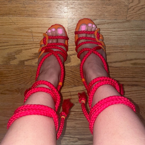 Vintage Dior Tahiti Gladiator Espadrille Sandals Orange Red Pre-Owned 37 1/2 - Picture 14 of 16